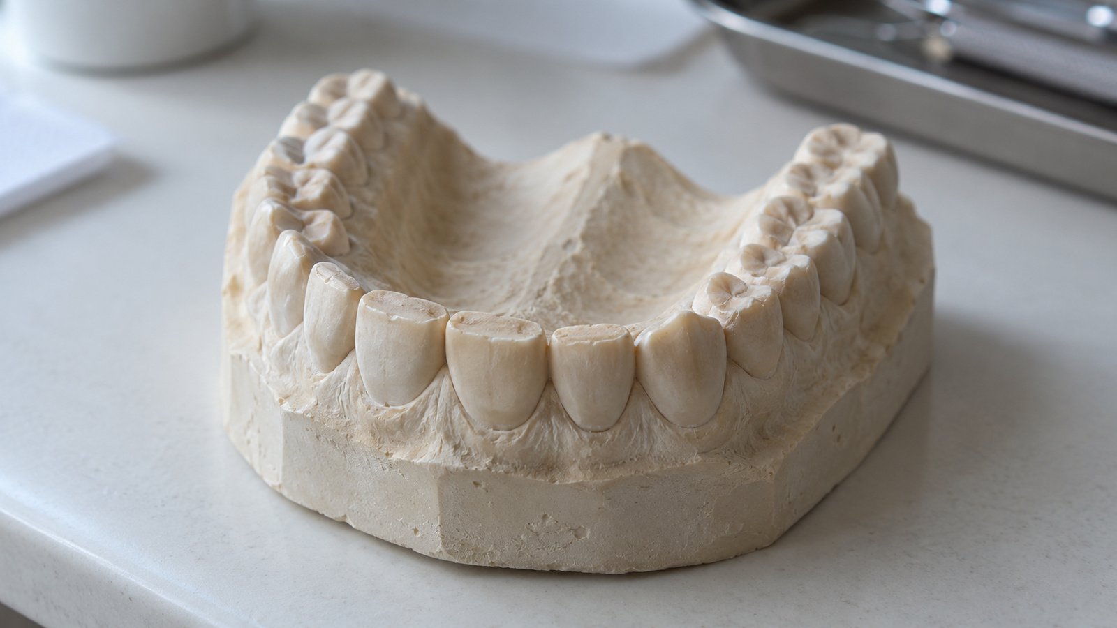 Modelo dental de la arcada superior con desgaste en los bordes de los dientes sobre mesa de clínica, luz suave, fotografía odontológica documental