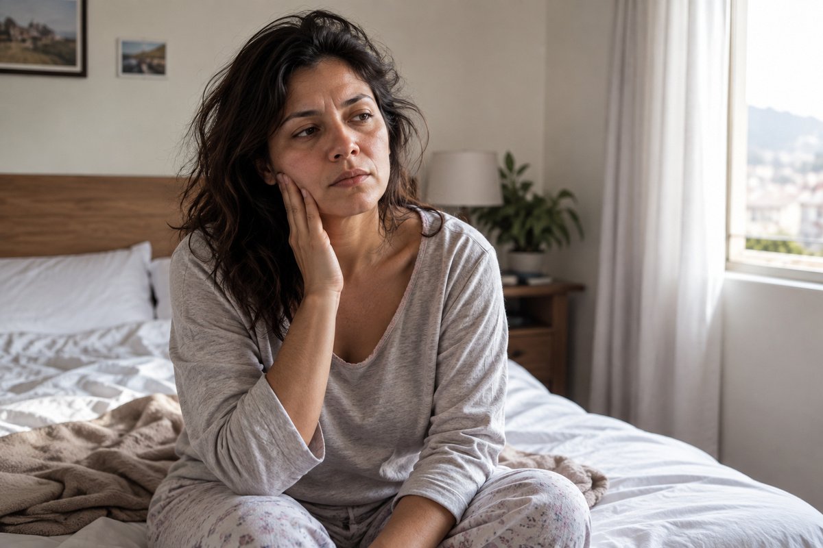 Mujer adulta despertando con expresión de cansancio y llevando la mano a la mandíbula en un dormitorio con luz de mañana, tono cálido y sereno