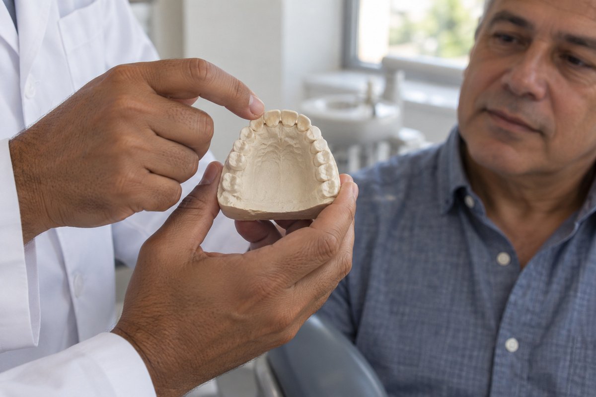 Odontólogo señalando el desgaste de los bordes incisales en un modelo dental durante una consulta, manos y modelo en primer plano, ambiente de clínica tranquilo