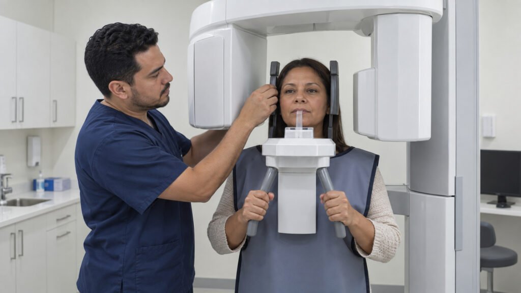 Técnico radiólogo colocando a una paciente en el equipo de radiografía panorámica dental de una clínica, ambiente iluminado y