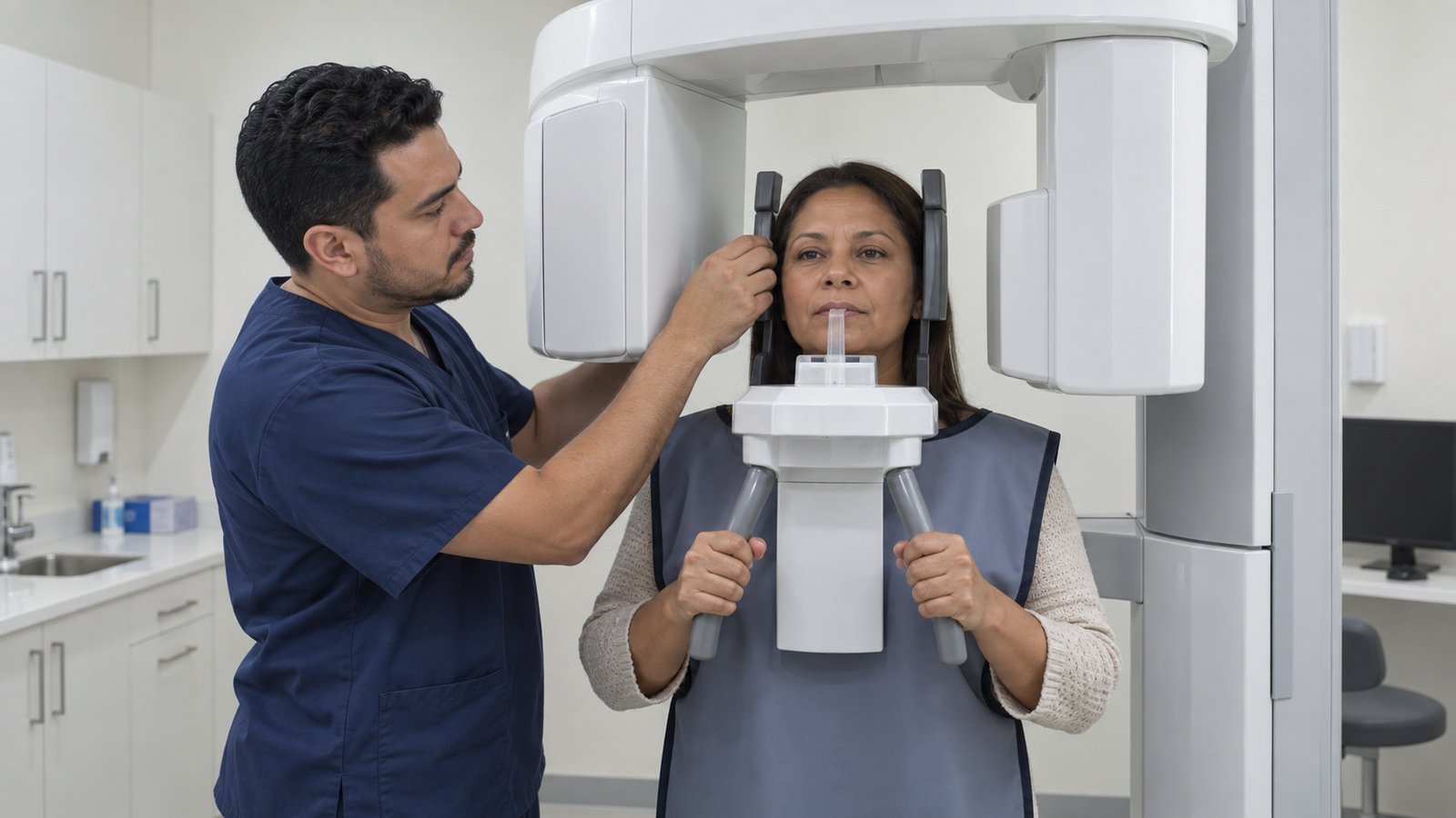 Técnico radiólogo colocando a una paciente en el equipo de radiografía panorámica dental de una clínica, ambiente iluminado y ordenado, fotografía real
