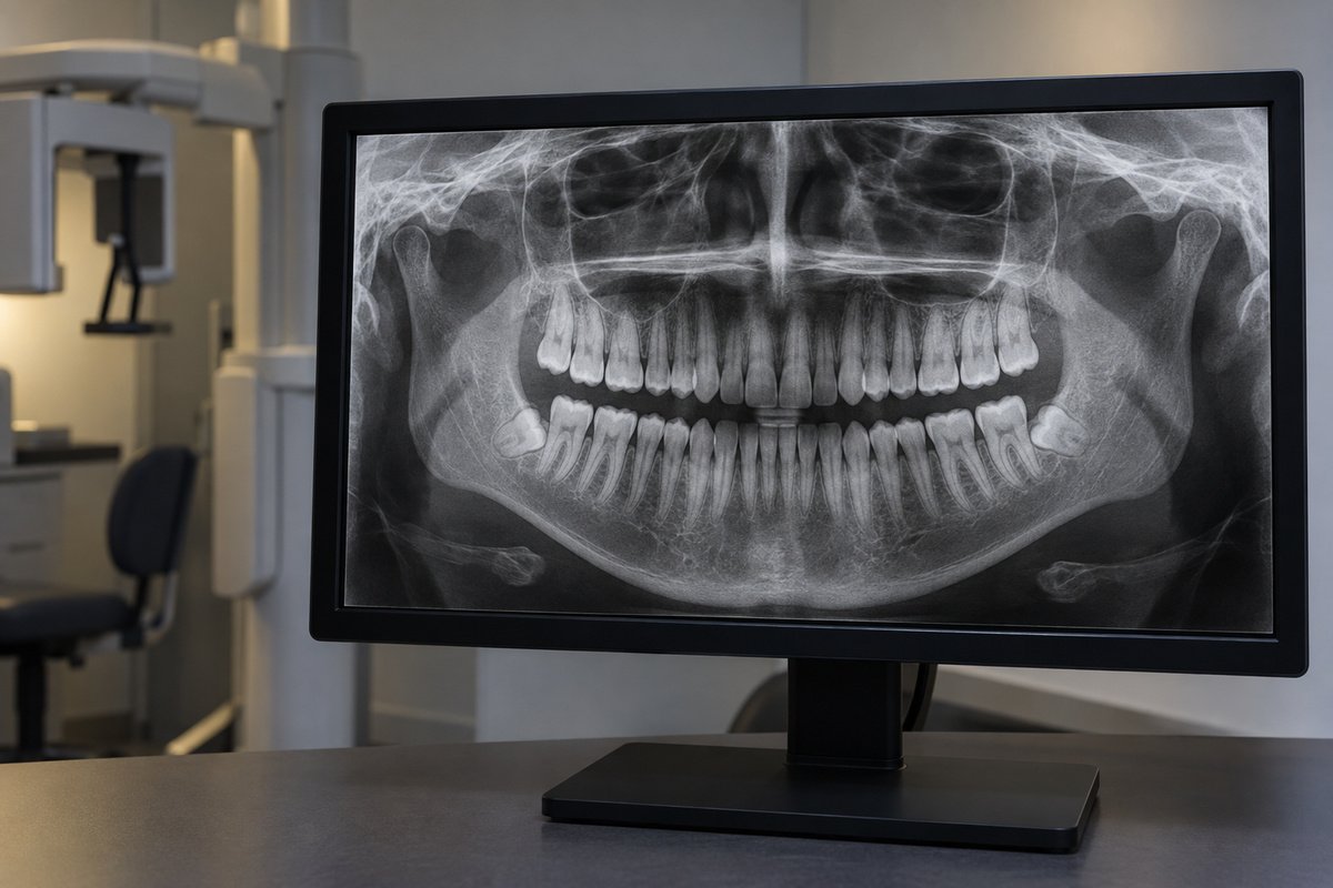 Pantalla de computadora mostrando una radiografía panorámica dental digital en la sala de radiología de una clínica, luz tenue, fotografía profesional