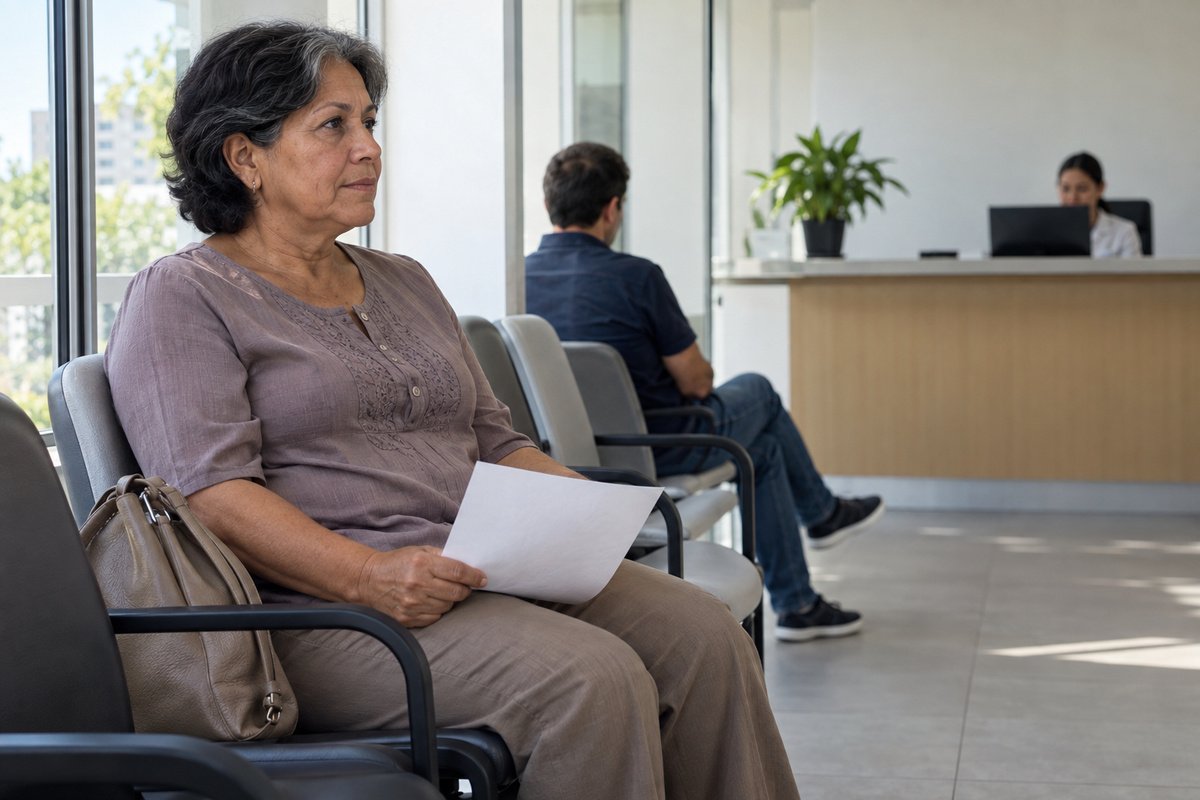 Paciente sentada esperando tranquila en la recepción de una clínica dental moderna con la orden de su radiografía en la mano, luz natural