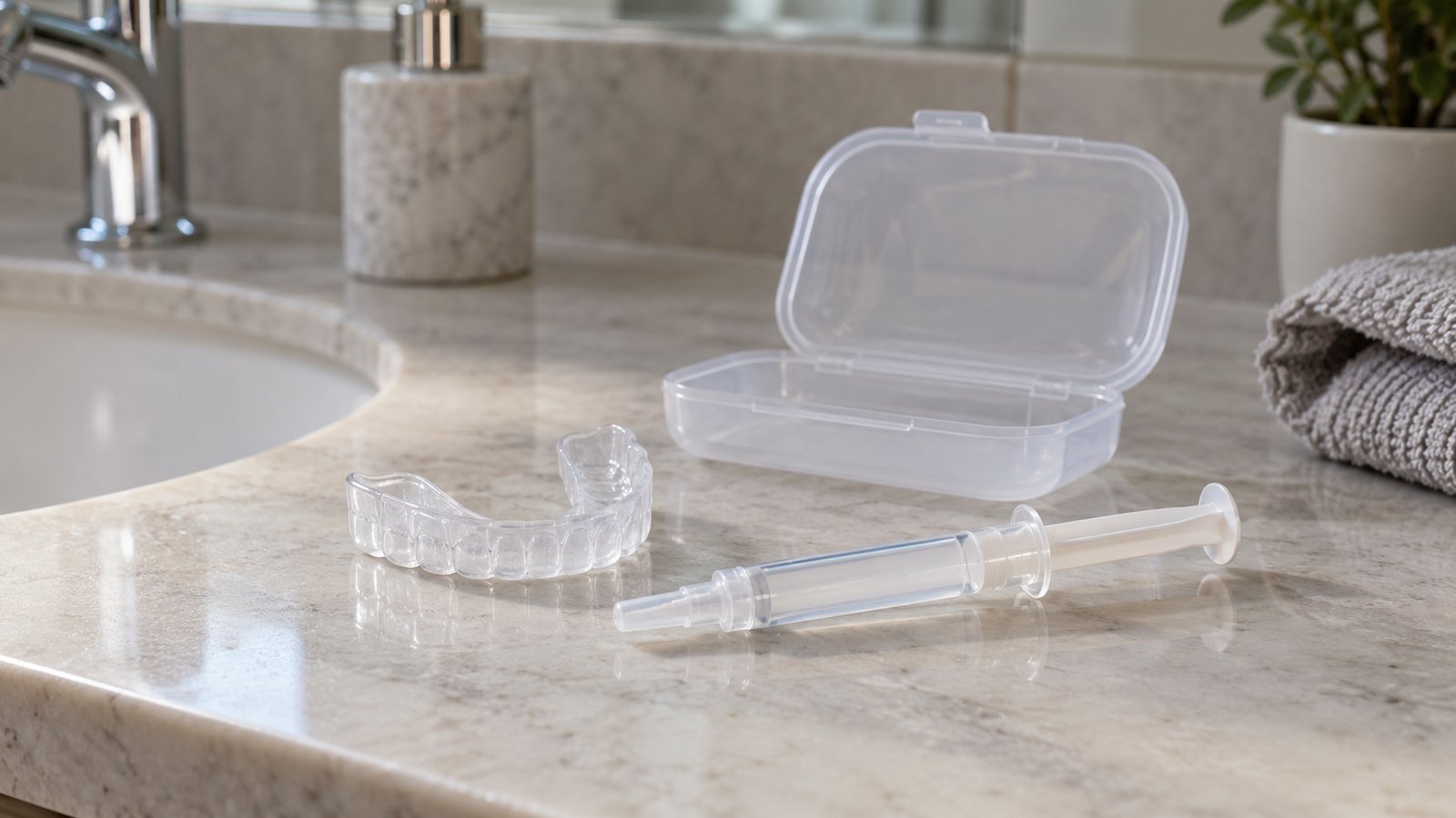 Kit de blanqueamiento dental casero con jeringa de gel y cubeta genérica sobre el mueble del baño, luz natural fría, fotografía cotidiana