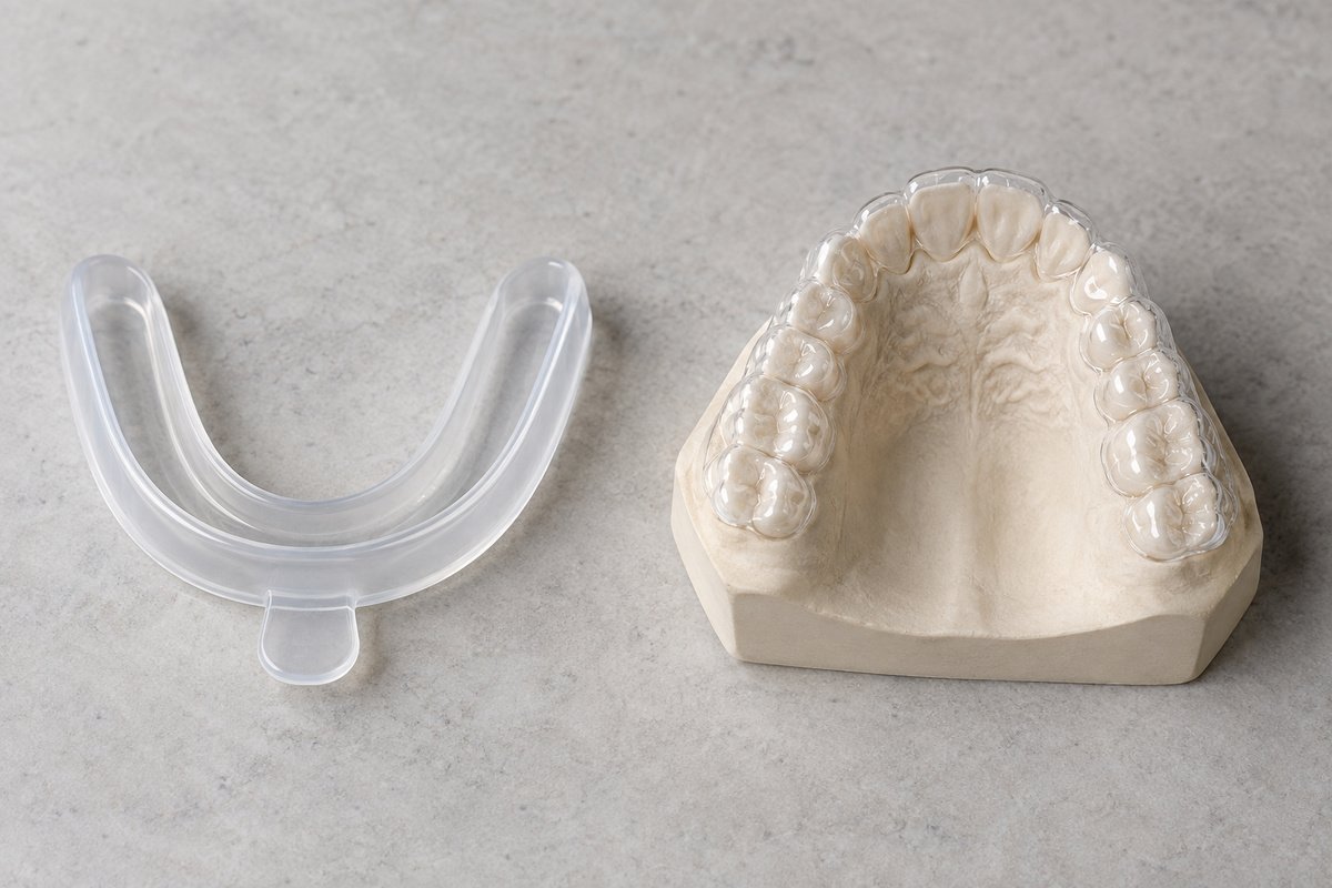 Comparación de una cubeta blanqueadora genérica junto a una férula a medida sobre modelo dental, fondo neutro de estudio odontológico