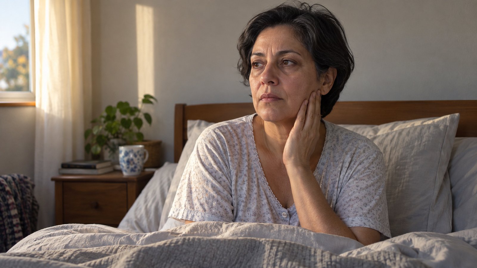 Mujer despierta en la cama al amanecer con la mano sobre la mandíbula tensa, luz suave de habitación, fotografía natural y tranquila