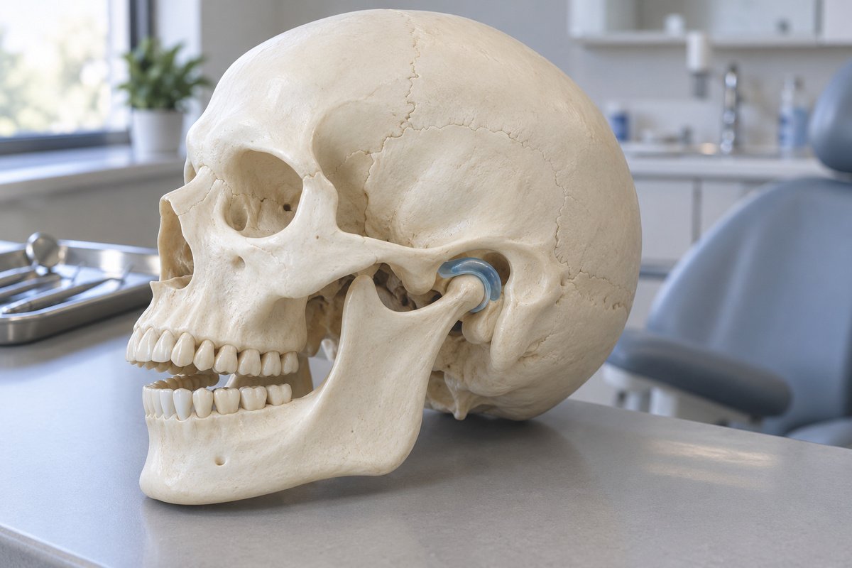 Modelo anatómico del cráneo humano mostrando la articulación de la mandíbula sobre mesa de consulta odontológica, iluminación clara, estilo didáctico