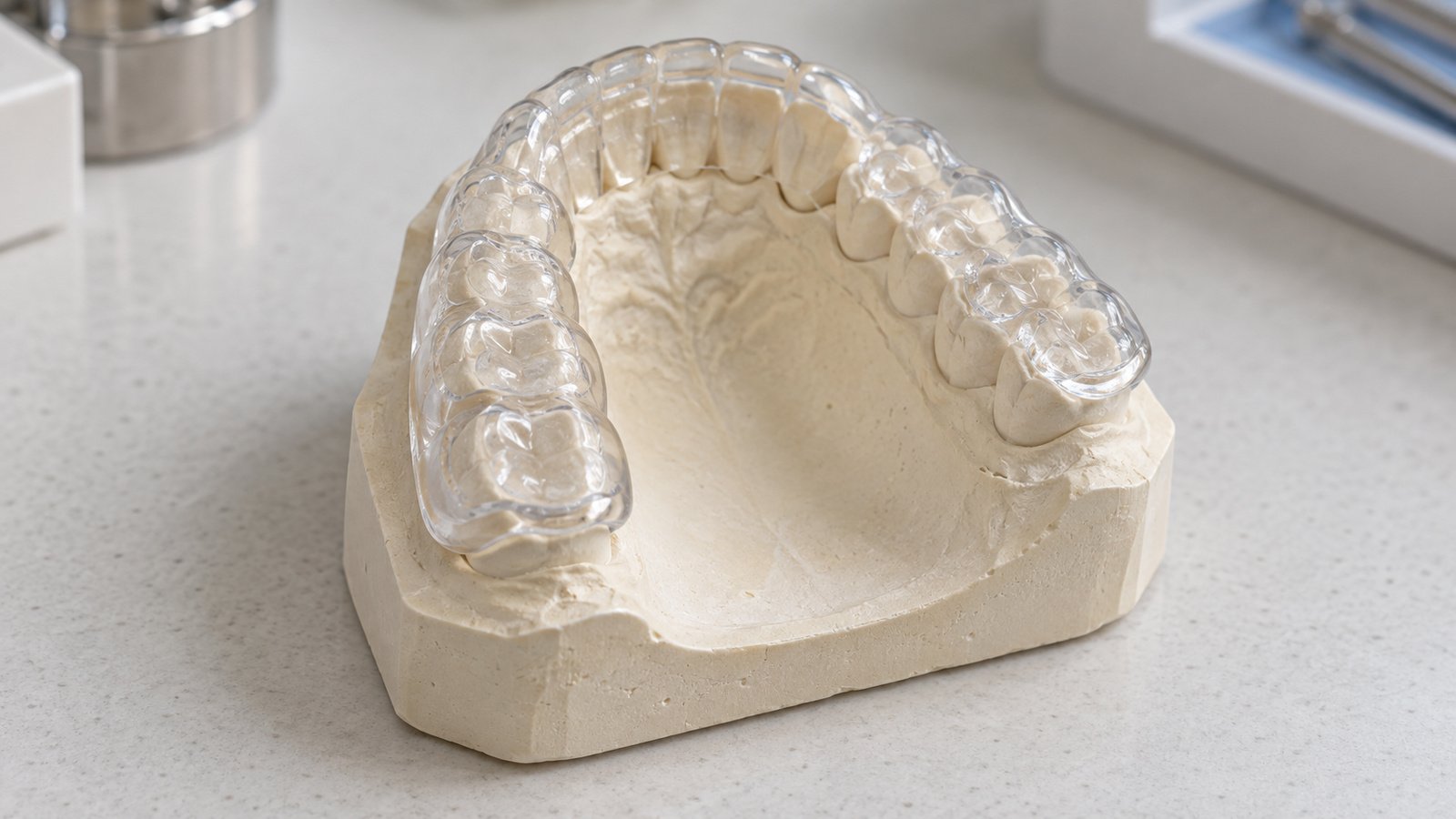 Férula de descarga transparente colocada sobre un modelo de la arcada superior en mesa de laboratorio dental, luz neutra, fotografía de producto clínico