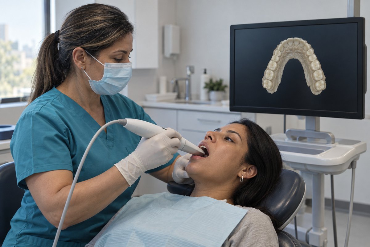 Odontóloga tomando una impresión digital con escáner intraoral a una paciente sentada en el sillón, pantalla con el modelo 3D al fondo, ambiente de clínica moderno