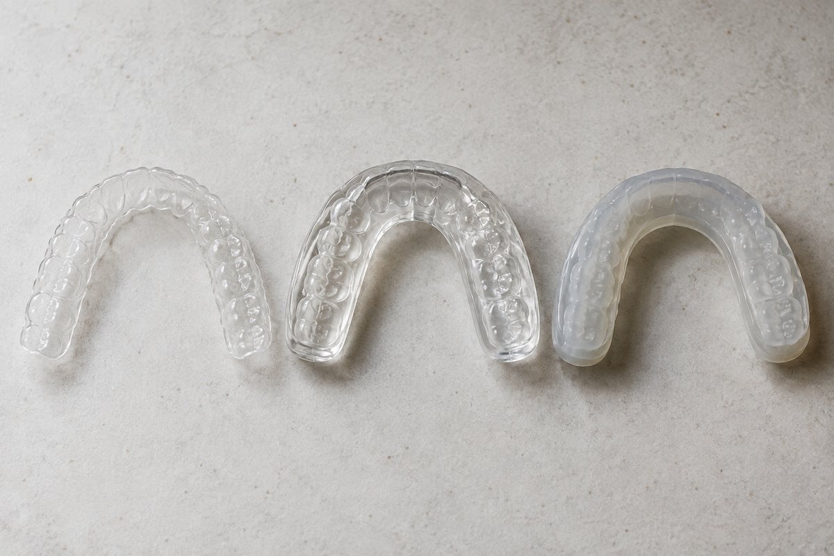 Tres férulas dentales de distinto grosor y material alineadas sobre superficie clara de laboratorio, vista cenital, fotografía técnica de comparación