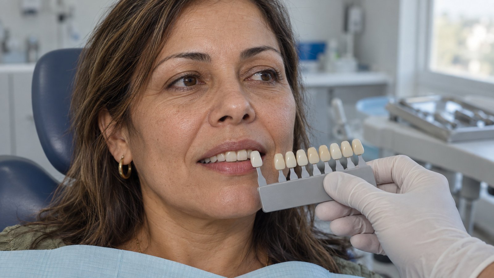 Guía de colores dentales sostenida junto a una paciente tranquila en consulta odontológica, luz natural suave, fotografía clínica sobria
