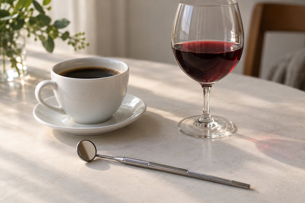 Taza de café y copa de vino tinto sobre mesa junto a un espejo dental, composición sencilla que ilustra tinciones externas, luz cálida