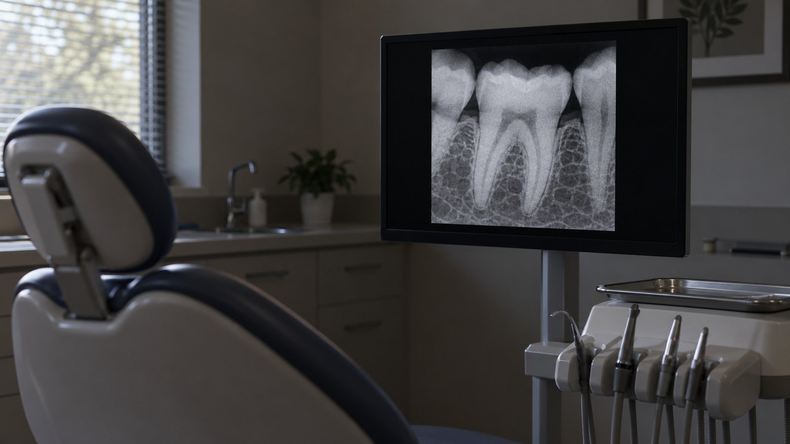 Radiografía periapical digital de un molar mostrada en la pantalla del consultorio junto al sillón dental, luz tenue, fotografía clínica documental