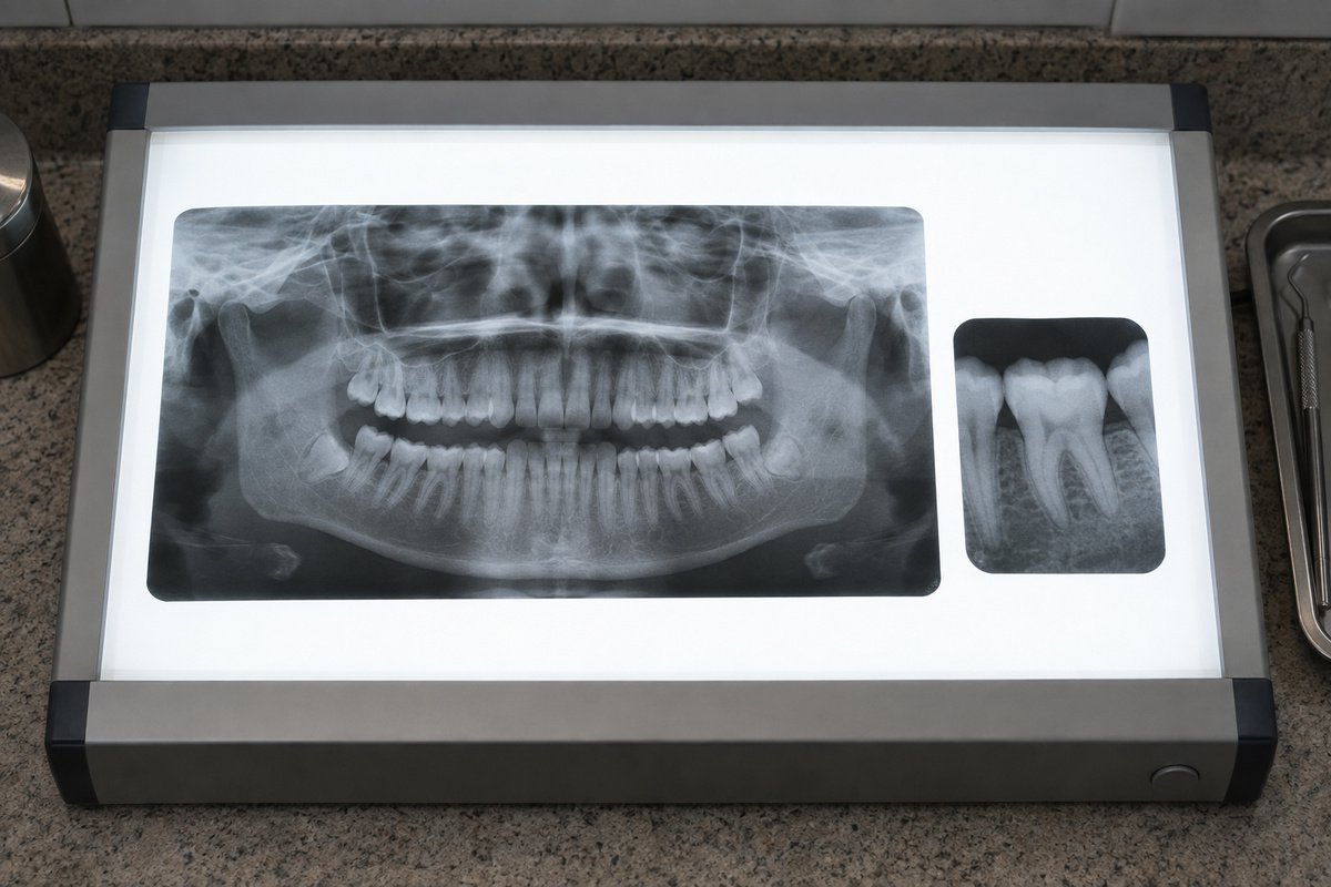 Comparación lado a lado de una radiografía panorámica y una periapical sobre negatoscopio de clínica dental, encuadre cenital, fotografía técnica