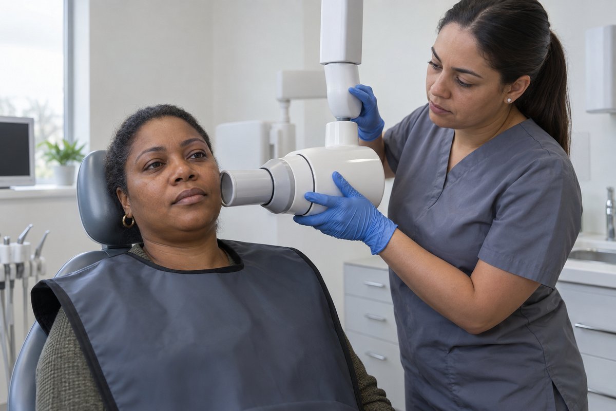 Paciente sentada con delantal plomado mientras la técnica posiciona el equipo de rayos X dental junto a su mejilla, gesto tranquilo, clínica bien iluminada