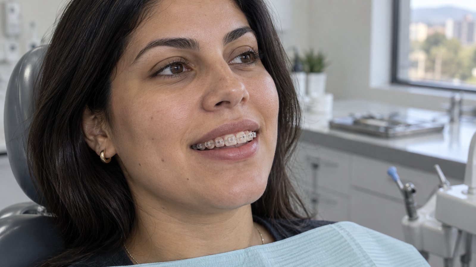 Brackets de zafiro transparentes colocados sobre los dientes superiores de una paciente adulta durante un control de ortodoncia, luz natural suave