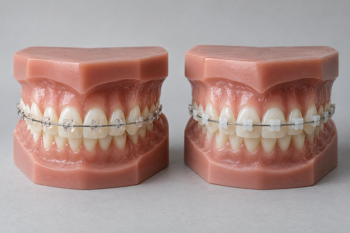 Comparativa lado a lado de brackets de zafiro translucidos y brackets de ceramica blancos sobre modelo dental de estudio, fondo neutro