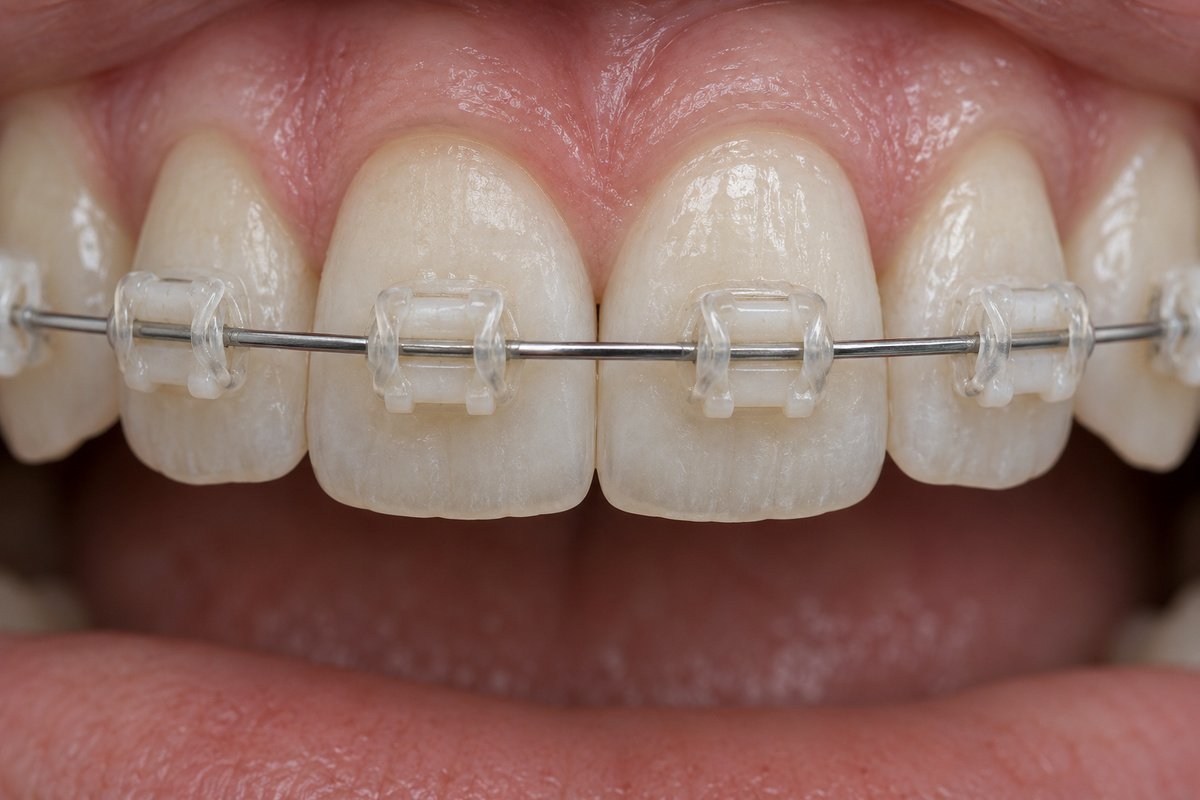 Detalle de ligaduras esteticas transparentes sujetando el arco de ortodoncia sobre brackets ceramicos, macro odontologico con iluminacion suave
