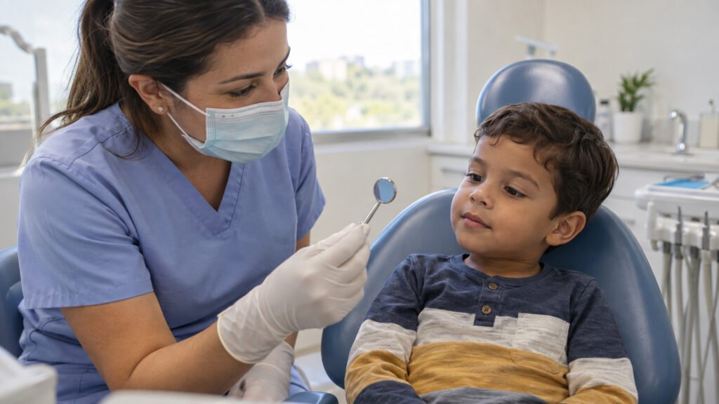 Niño pequeño sentado tranquilo en el sillón de odontopediatría mientras la odontóloga le muestra el espejo dental, ambiente l
