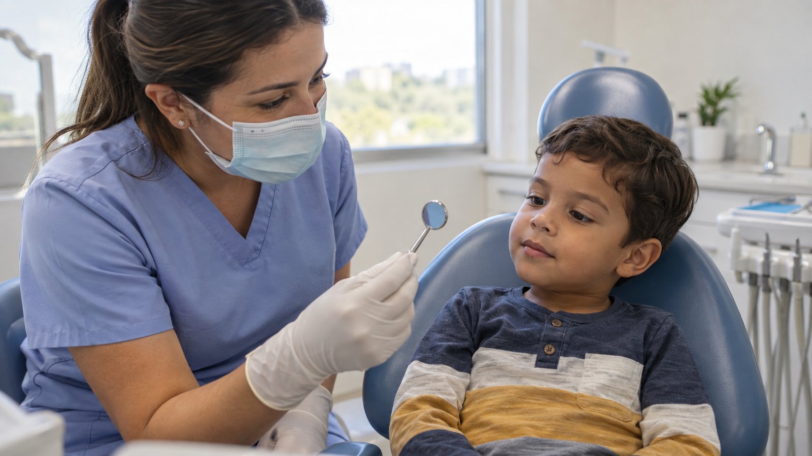 Niño pequeño sentado tranquilo en el sillón de odontopediatría mientras la odontóloga le muestra el espejo dental, ambiente luminoso y amable