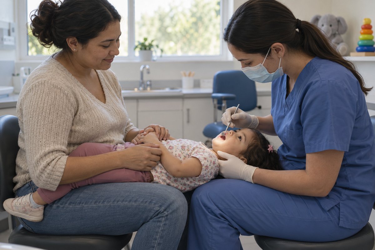Odontóloga infantil revisando la boca de una niña sentada en el regazo de su madre en consulta pediátrica, escena tranquila y cotidiana