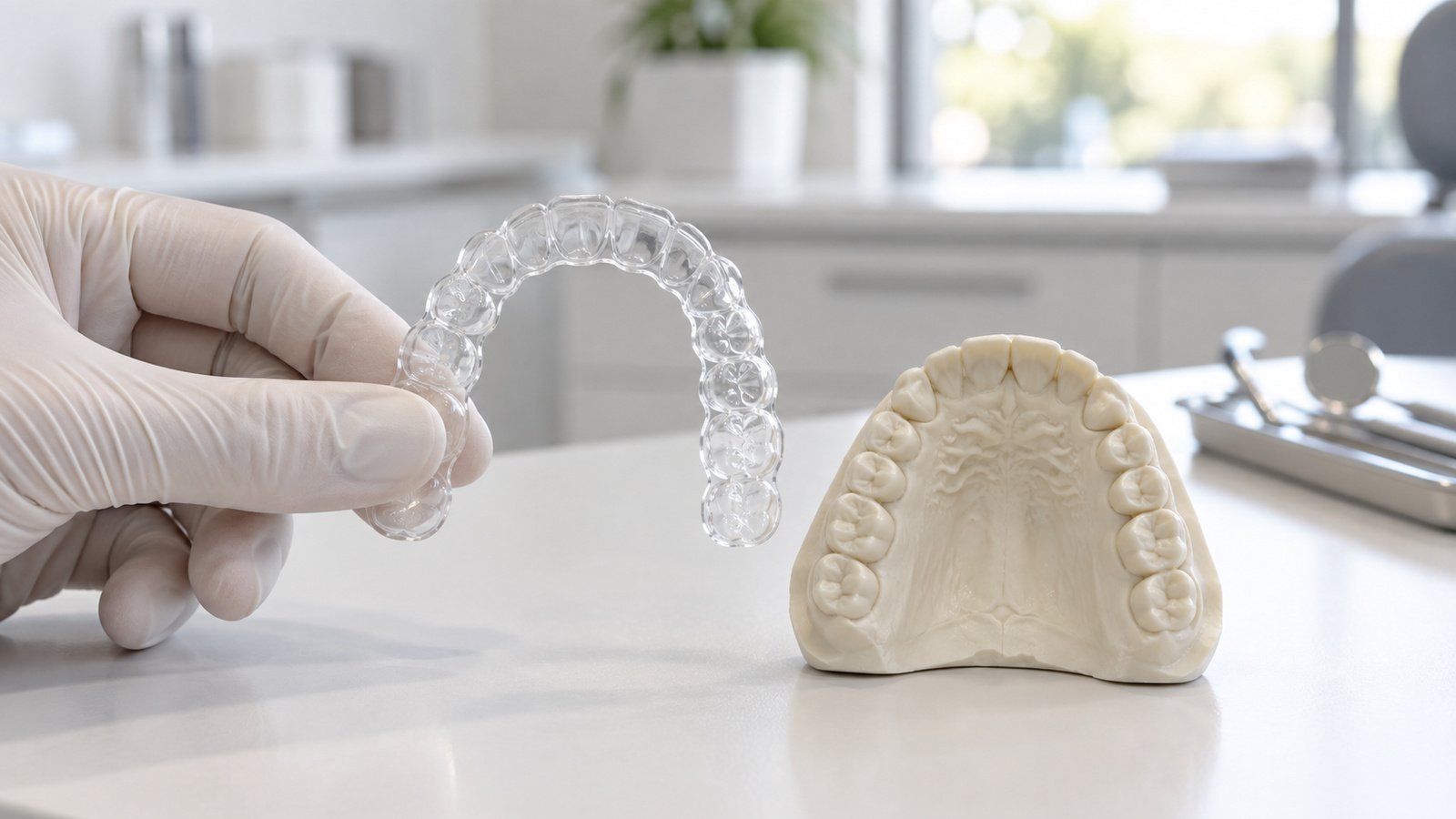 Alineadores dentales transparentes sostenidos frente a un modelo de la arcada superior en consulta de ortodoncia, fondo claro y luz suave